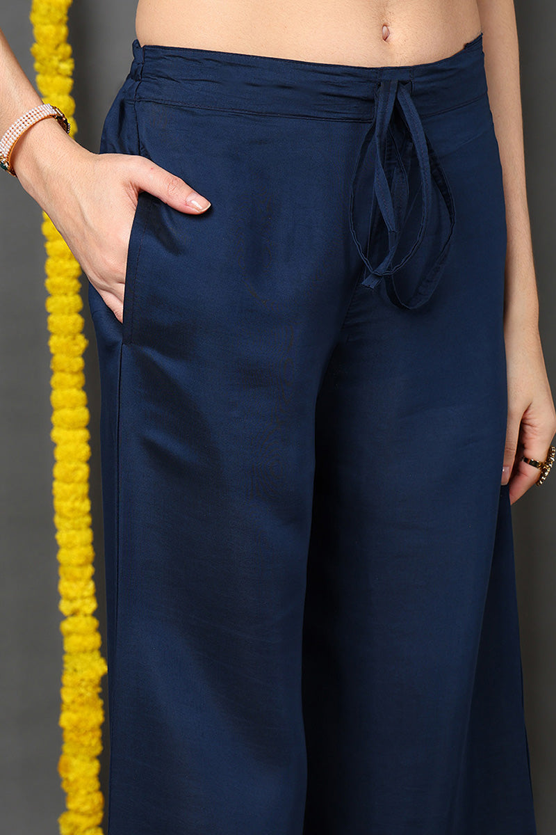 Blue Silk Blend Solid Embroidered Straight Suit Set | SHOBITAM
