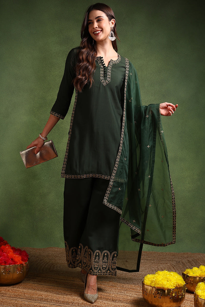 Green Silk Blend Solid Embroidered Straight Suit Set | SHOBITAM