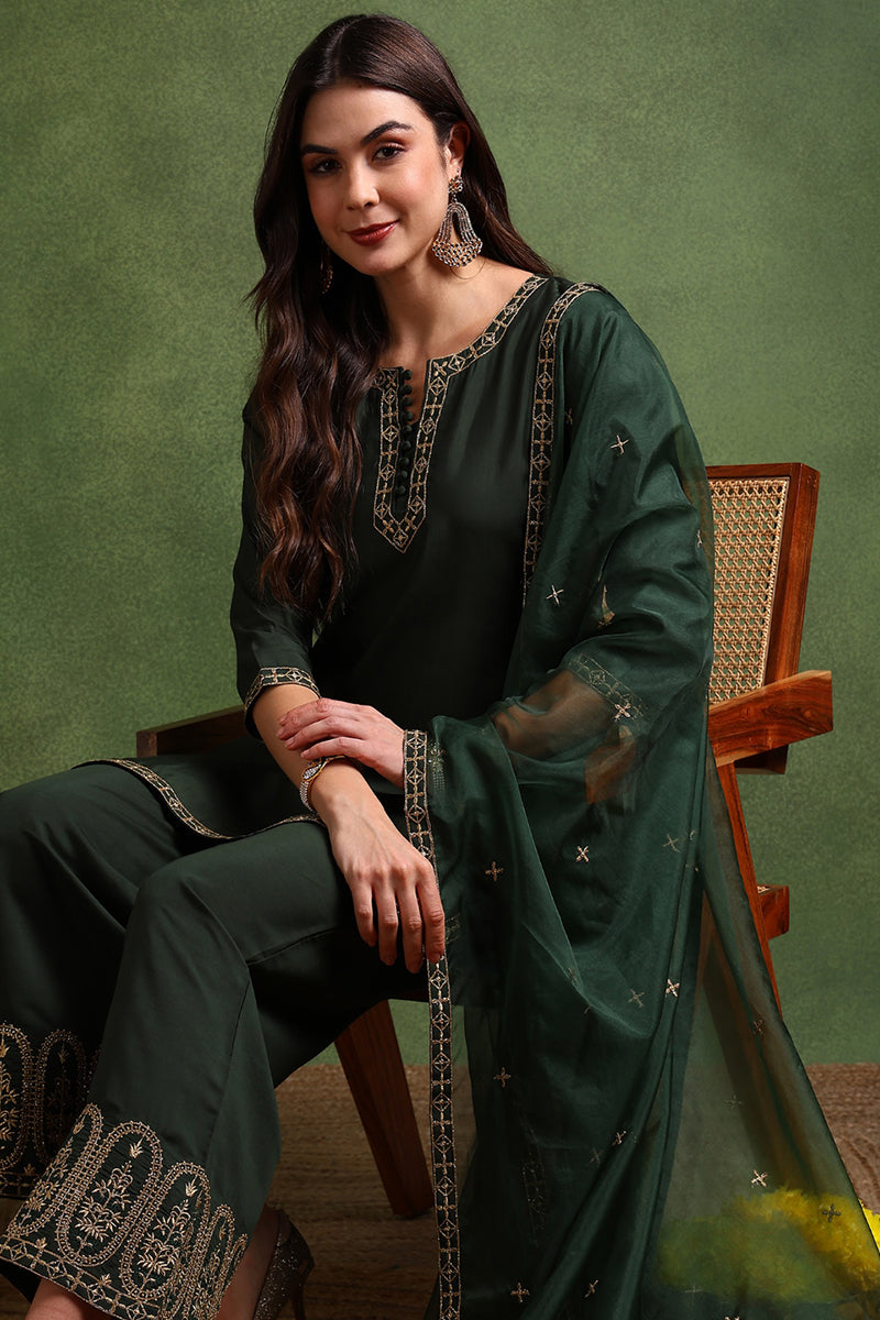 Green Silk Blend Solid Embroidered Straight Suit Set | SHOBITAM