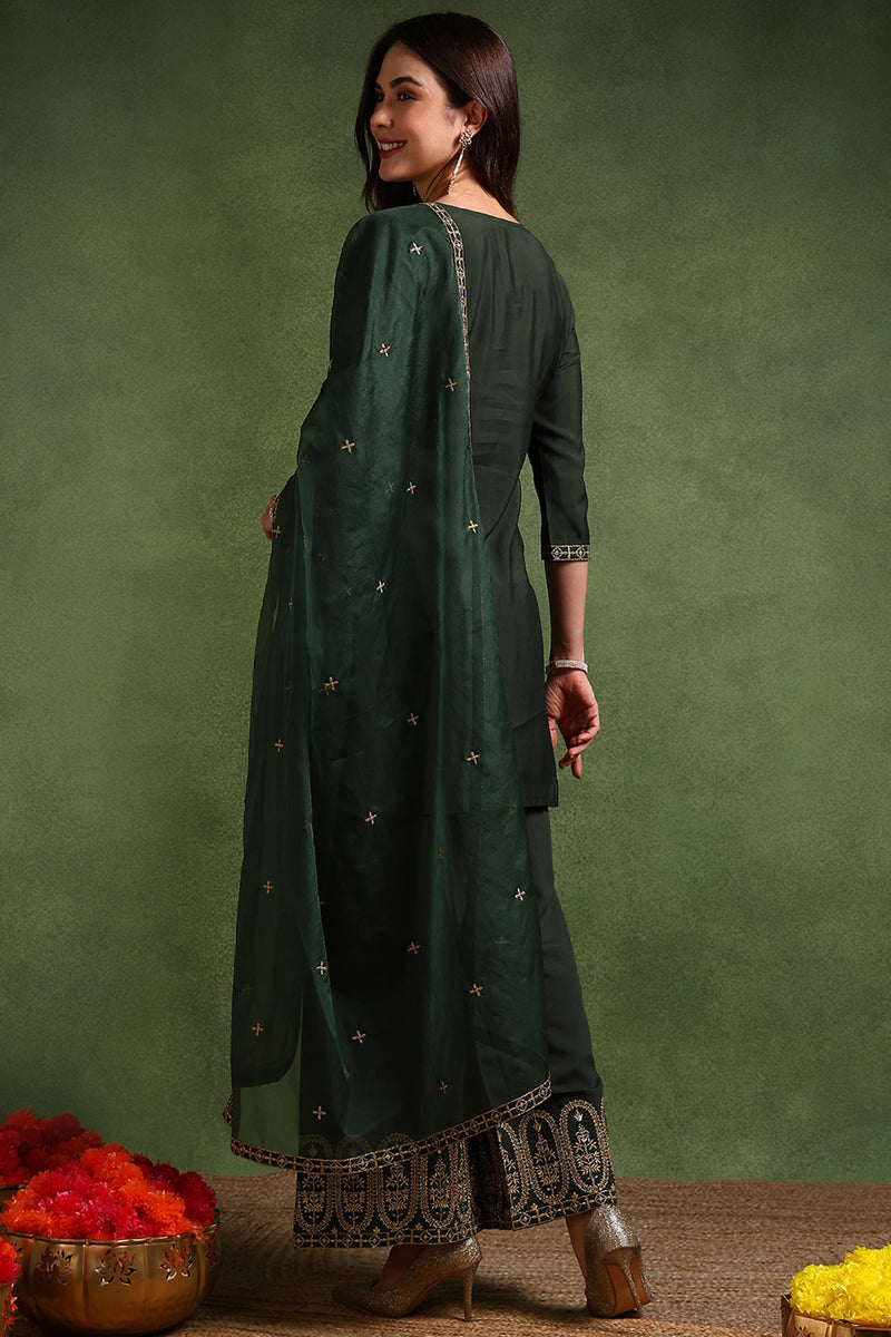 Green Silk Blend Solid Embroidered Straight Suit Set | SHOBITAM