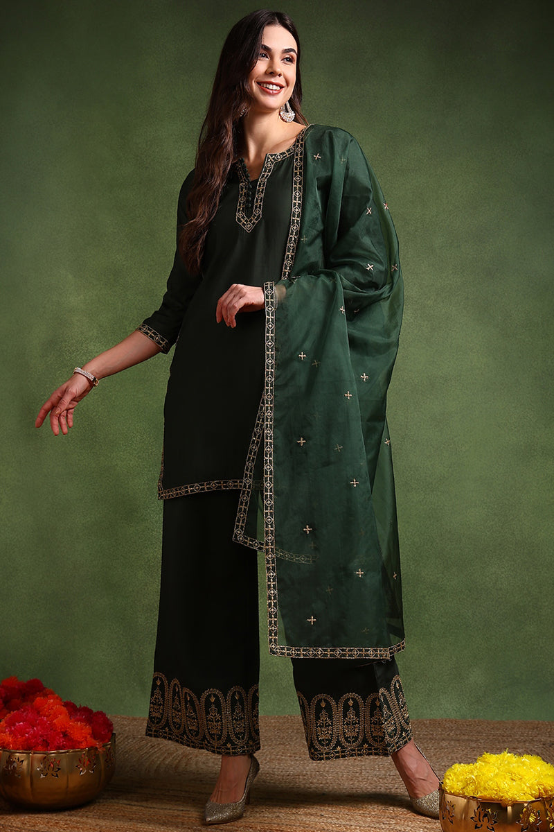 Green Silk Blend Solid Embroidered Straight Suit Set | SHOBITAM