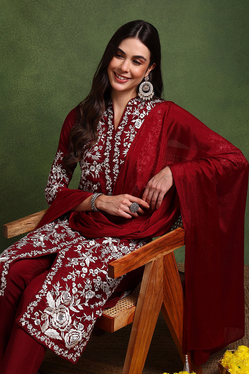 Maroon Silk Blend Solid Embroidered Straight Suit Set | SHOBITAM