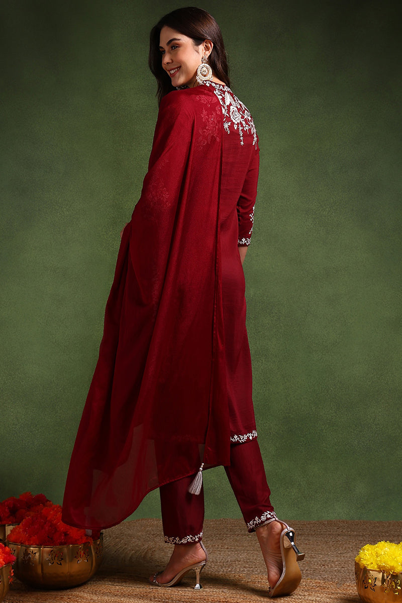 Maroon Silk Blend Solid Embroidered Straight Suit Set | SHOBITAM