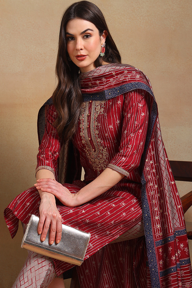 Maroon Silk Blend Embroidered Straight Suit Set | SHOBITAM