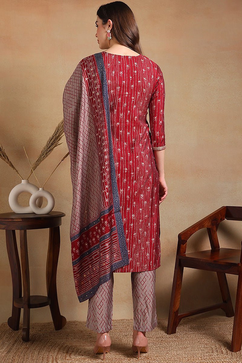 Maroon Silk Blend Embroidered Straight Suit Set | SHOBITAM