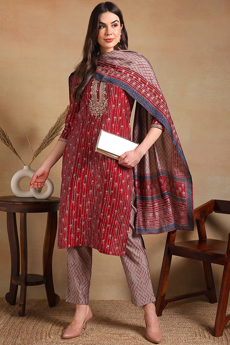 Maroon Silk Blend Embroidered Straight Suit Set | SHOBITAM