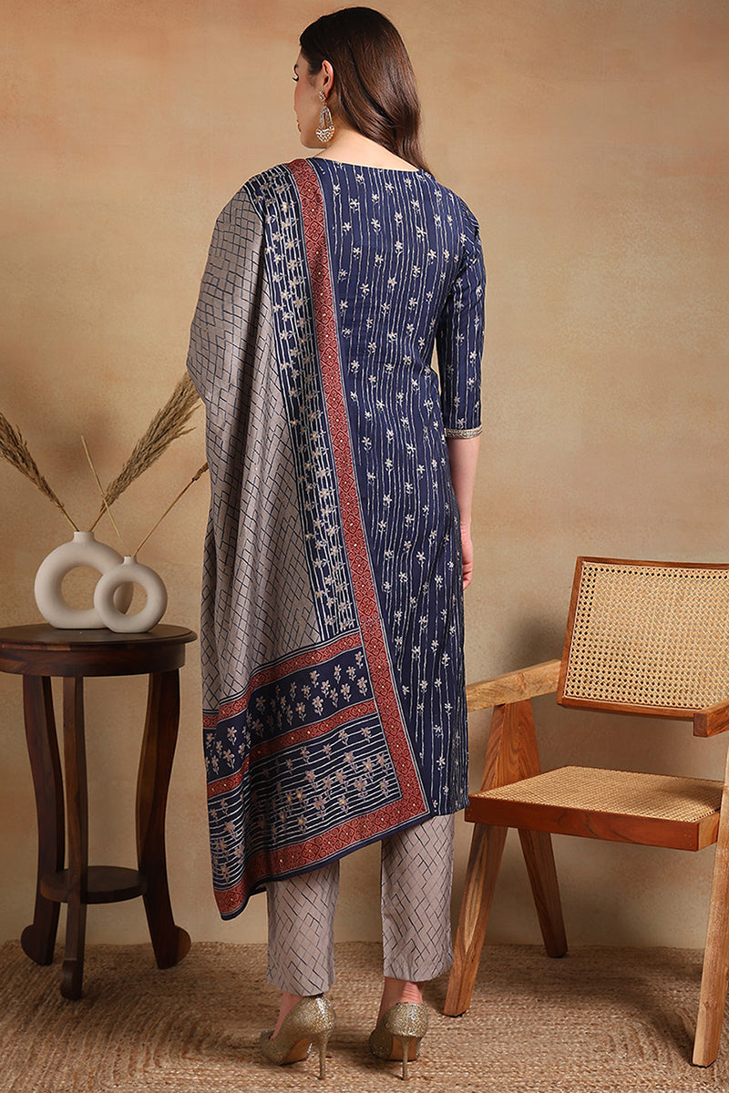 Navy Blue Silk Blend Embroidered Straight Suit Set | SHOBITAM