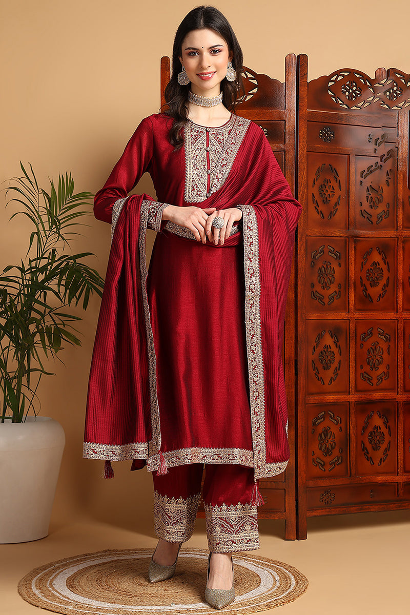 Maroon Silk Blend Solid Embroidered Straight Suit Set | SHOBITAM