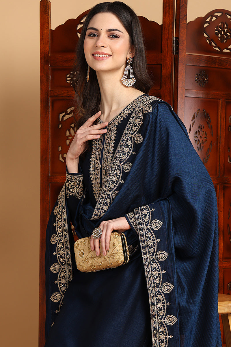 Navy Blue Silk Blend Solid Embroidered Straight Suit Set | SHOBITAM