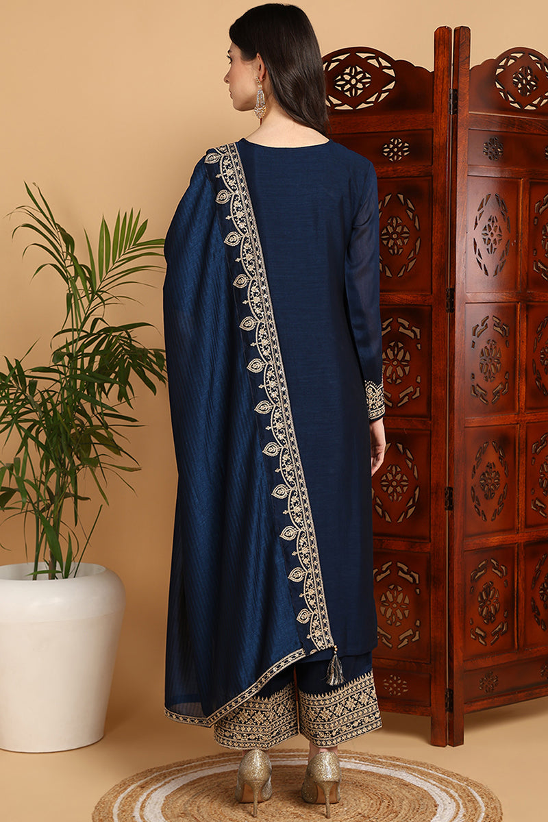 Navy Blue Silk Blend Solid Embroidered Straight Suit Set | SHOBITAM