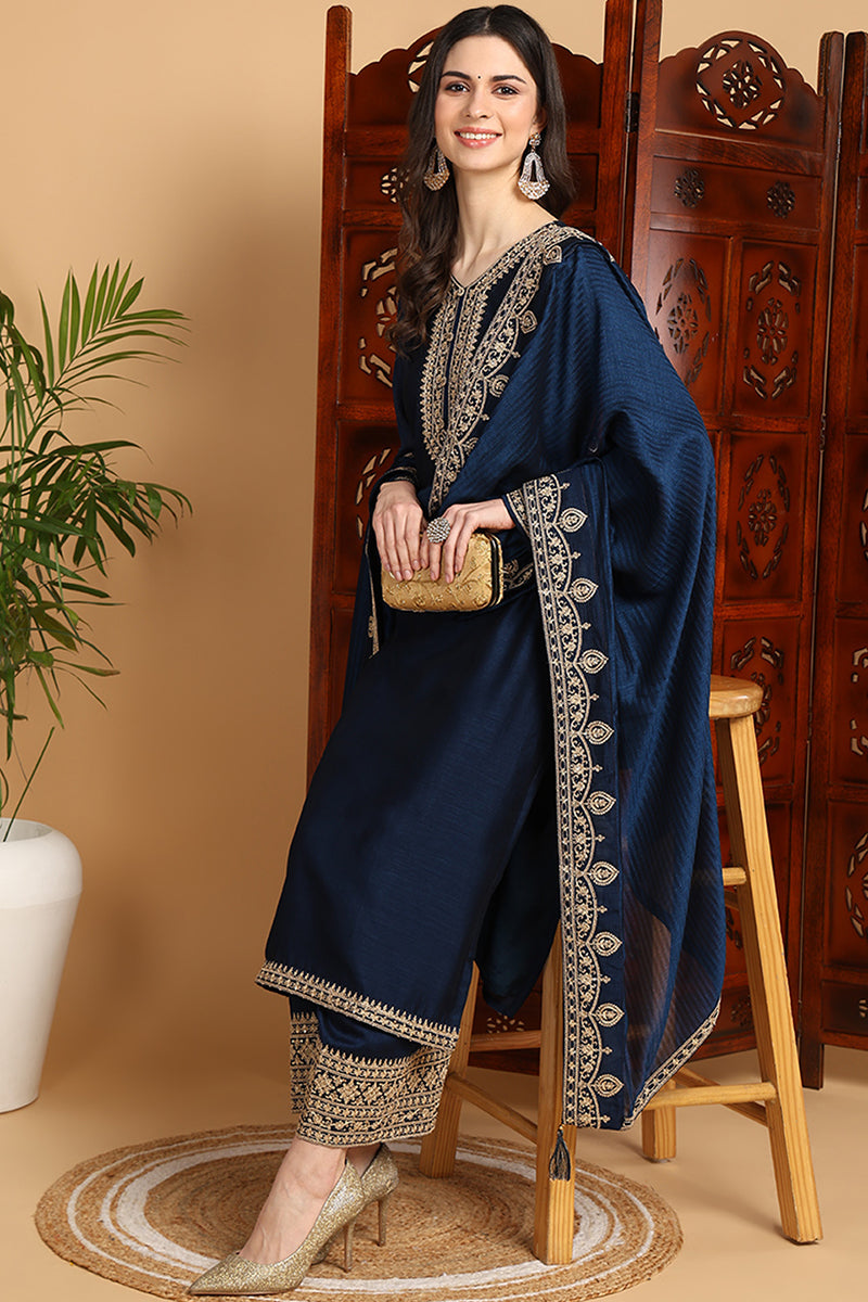 Navy Blue Silk Blend Solid Embroidered Straight Suit Set | SHOBITAM