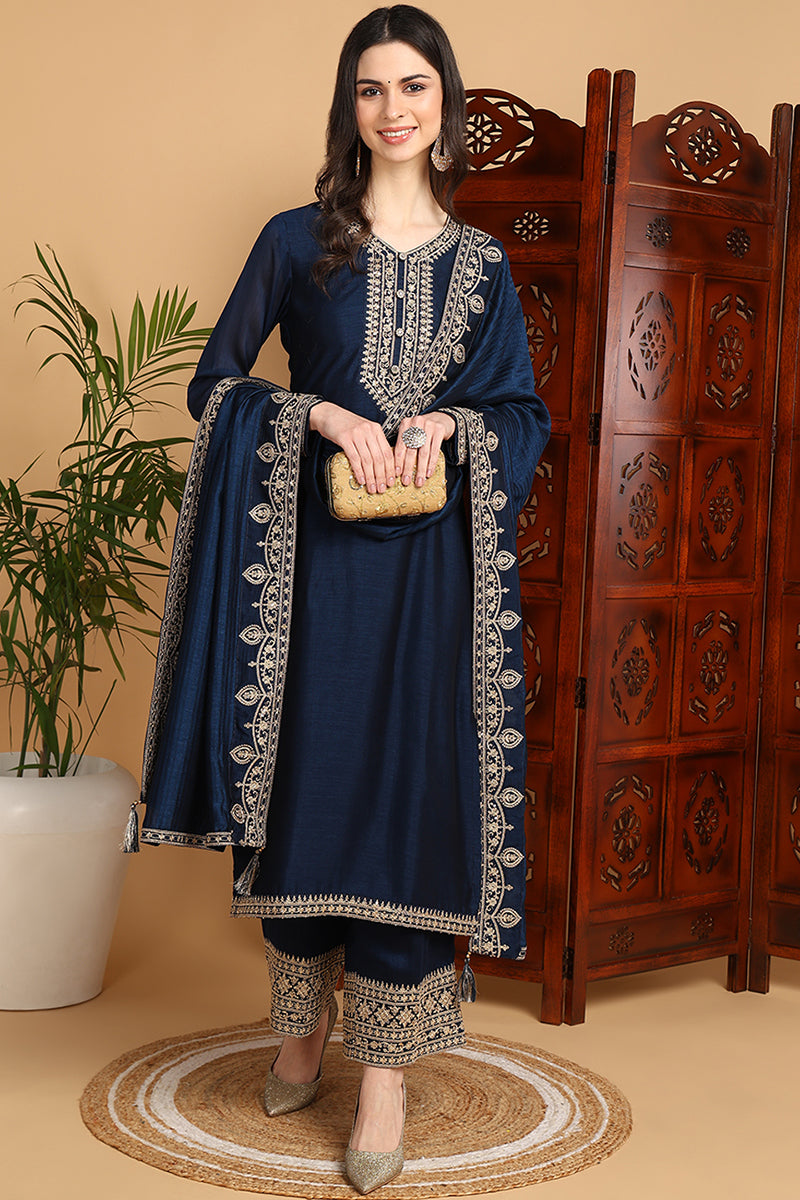 Navy Blue Silk Blend Solid Embroidered Straight Suit Set | SHOBITAM