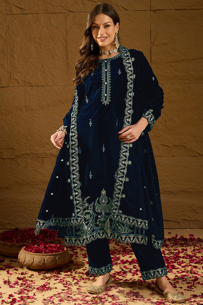 Blue Velvet Solid Embroidered Straight Trousers Suit Set | SHOBITAM