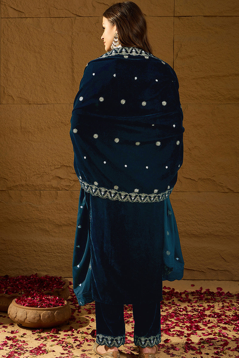Blue Velvet Solid Embroidered Straight Trousers Suit Set | SHOBITAM