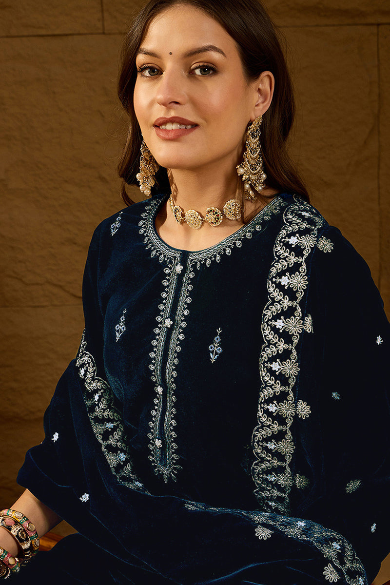 Blue Velvet Solid Embroidered Straight Trousers Suit Set | SHOBITAM