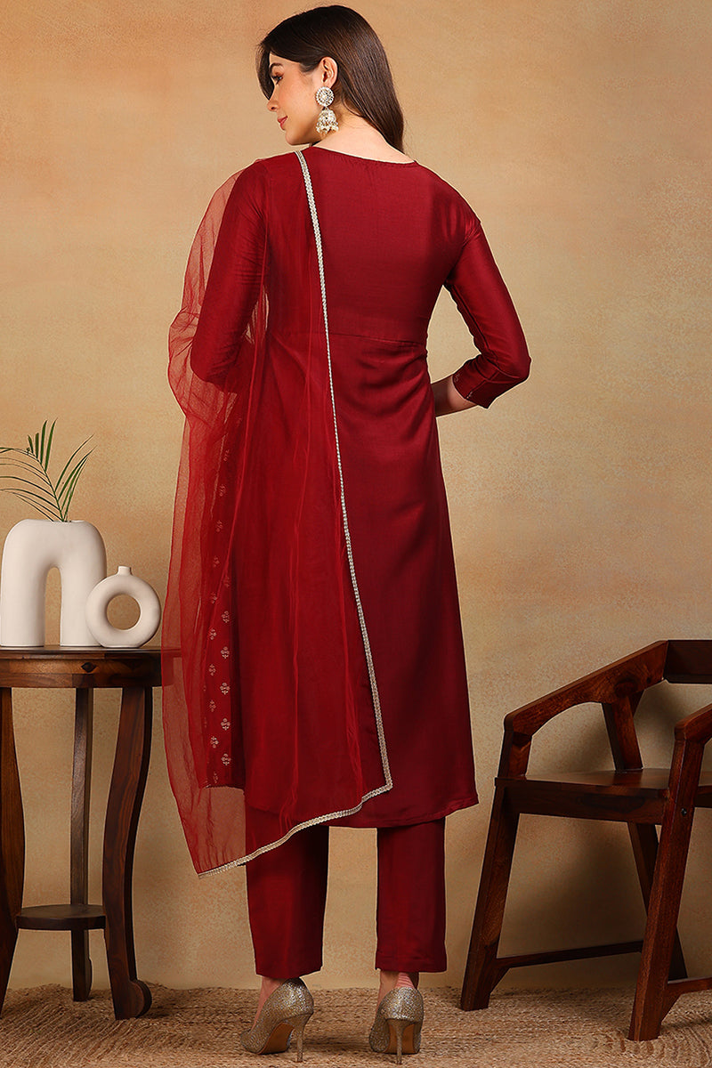 Maroon Silk Blend Solid Woven Design Flared Empire Suit Set | SHOBITAM