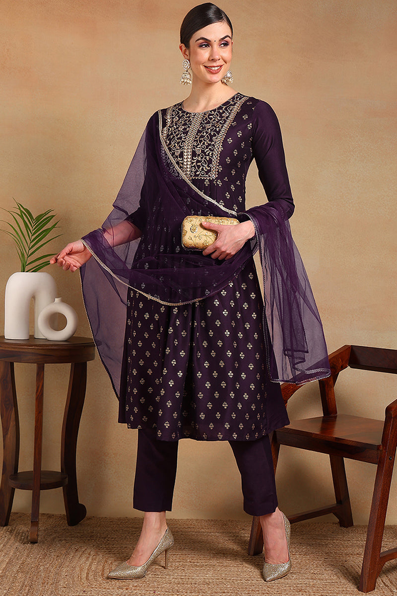 Purple Silk Blend Solid Woven Design Flared Empire Suit Set | SHOBITAM