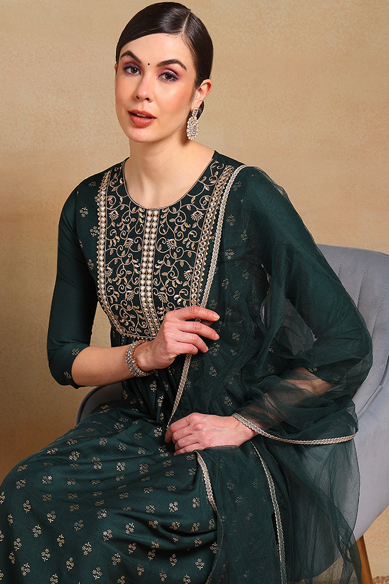 Green Silk Blend Solid Woven Design Flared Empire Suit Set | SHOBITAM