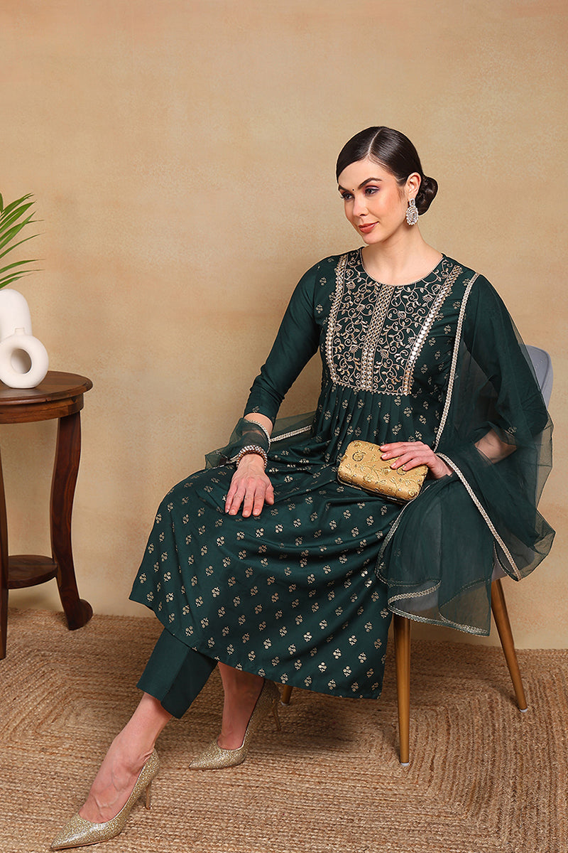 Green Silk Blend Solid Woven Design Flared Empire Suit Set | SHOBITAM