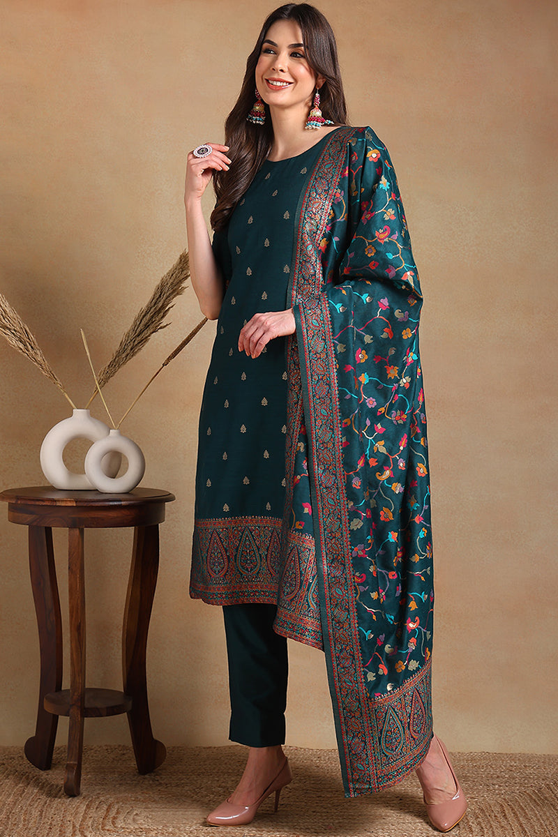 Teal Blue Poly Chanderi Woven Design Straight Suit Set | SHOBITAM