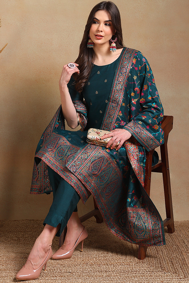 Teal Blue Poly Chanderi Woven Design Straight Suit Set | SHOBITAM