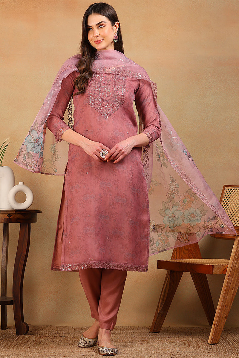 Mauve Organza Floral Embroidered Straight Regular Suit Set | SHOBITAM