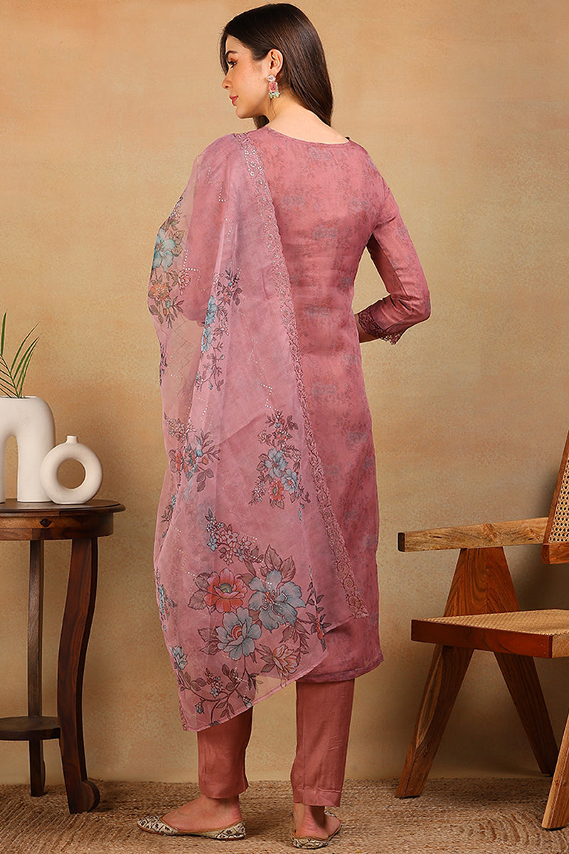 Mauve Organza Floral Embroidered Straight Regular Suit Set | SHOBITAM