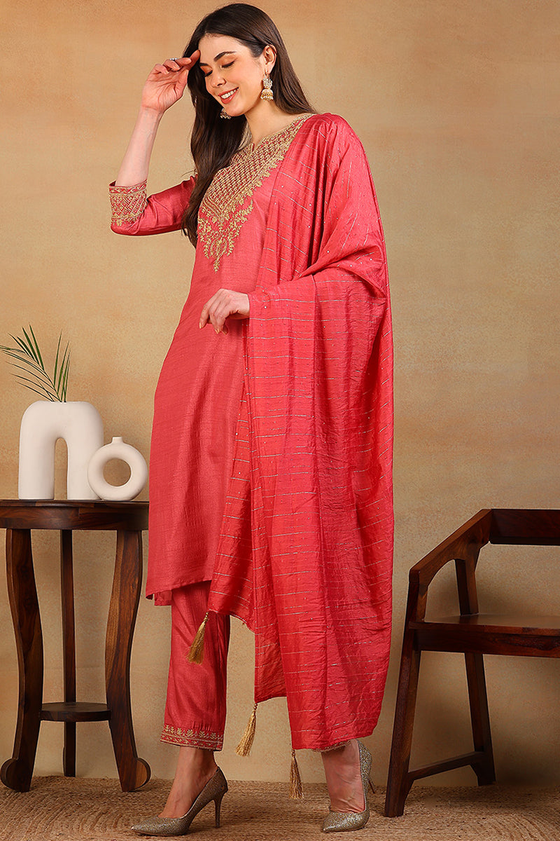 Rust Red Silk Blend Solid Embroidered Straight Suit Set | SHOBITAM