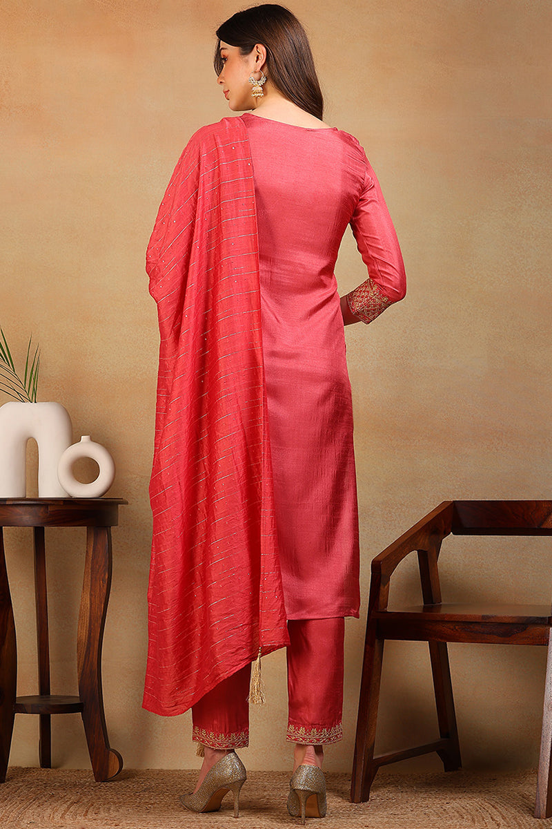 Rust Red Silk Blend Solid Embroidered Straight Suit Set | SHOBITAM