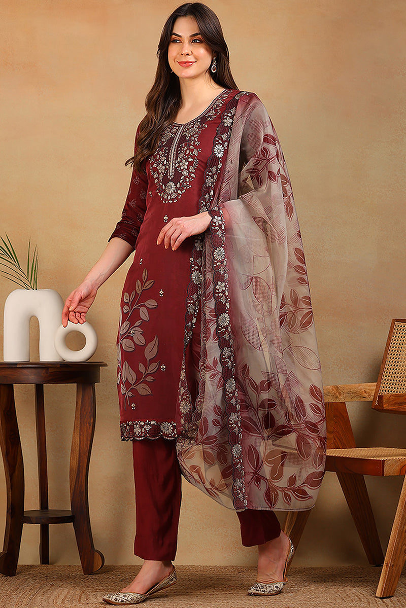 Rust Red Organza Floral Embroidered Straight Suit Set | SHOBITAM