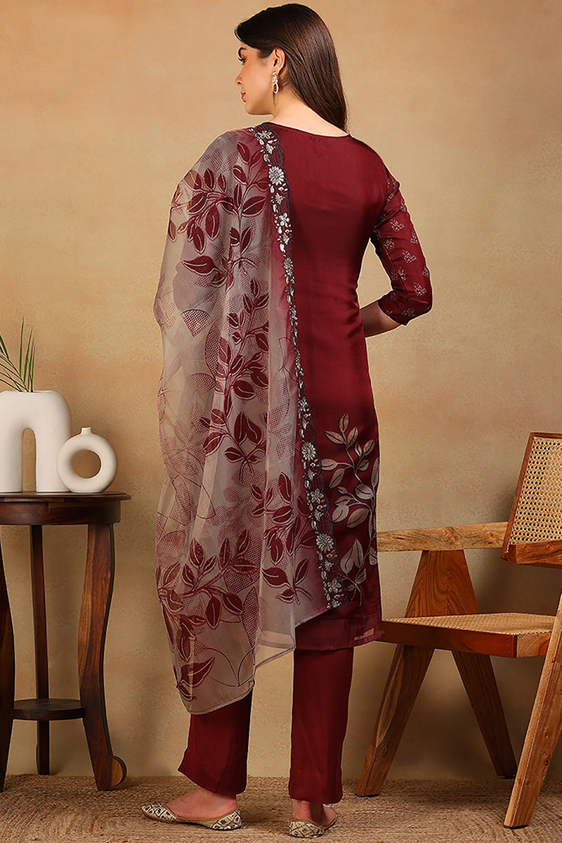 Rust Red Organza Floral Embroidered Straight Suit Set | SHOBITAM