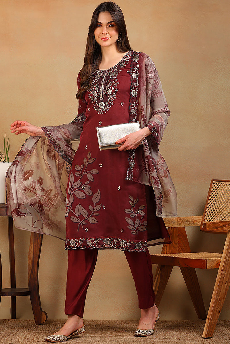 Rust Red Organza Floral Embroidered Straight Suit Set | SHOBITAM