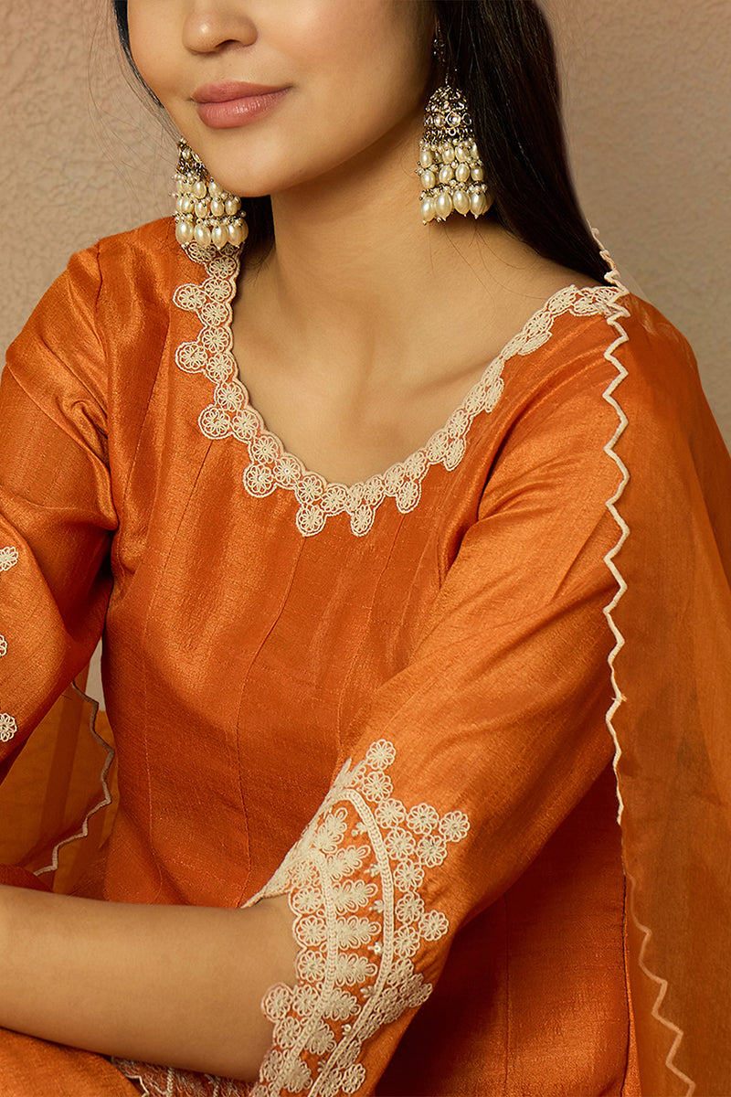 Orange Silk Blend Solid Embroidered Flared Suit Set | SHOBITAM