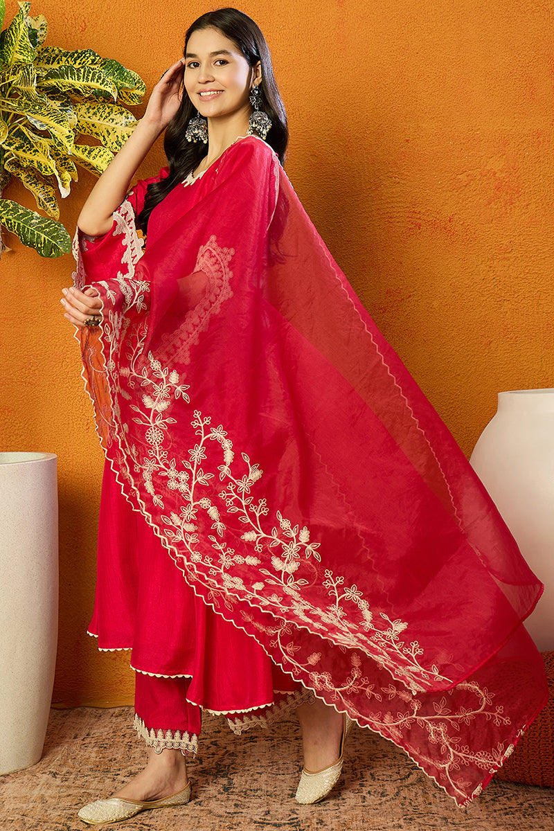Fuchsia Pink Silk Blend Solid Embroidered Flared Suit Set | SHOBITAM