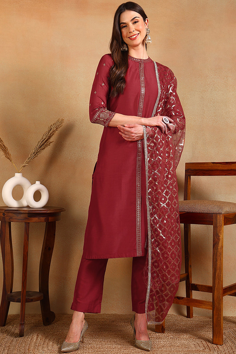 Red Silk Blend Embroidered Straight Suit Set | SHOBITAM