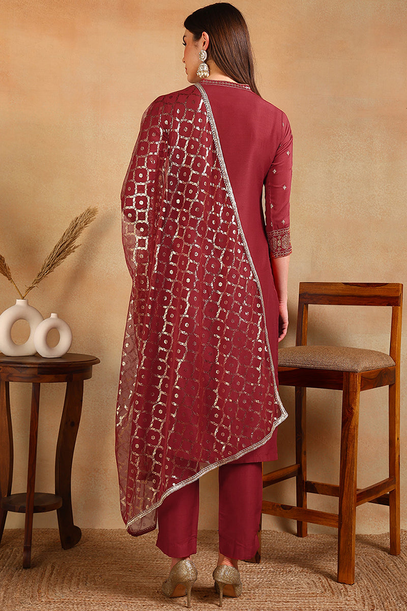 Red Silk Blend Embroidered Straight Suit Set | SHOBITAM