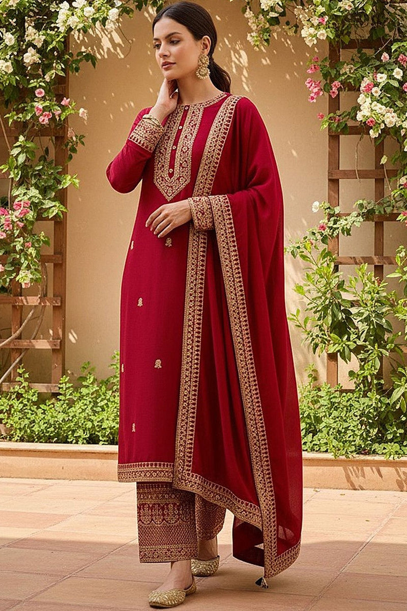 Red Silk Blend Solid Embroidered Straight Palazzo Suit Set | SHOBITAM