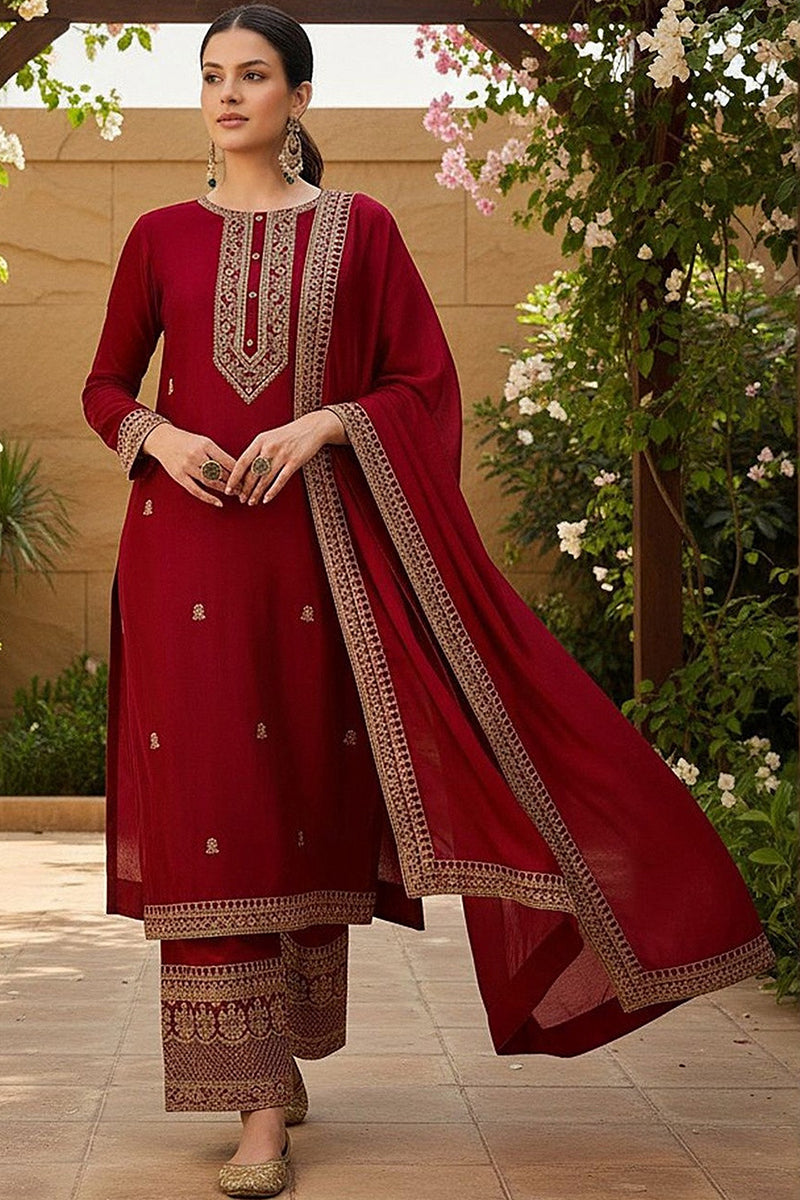 Red Silk Blend Solid Embroidered Straight Palazzo Suit Set | SHOBITAM