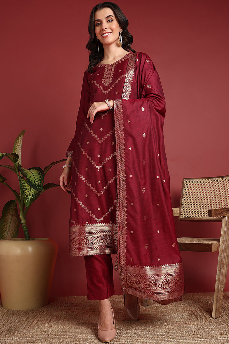 Maroon Silk Blend Ethnic Motifs Woven Design Straight Suit Set | SHOBITAM
