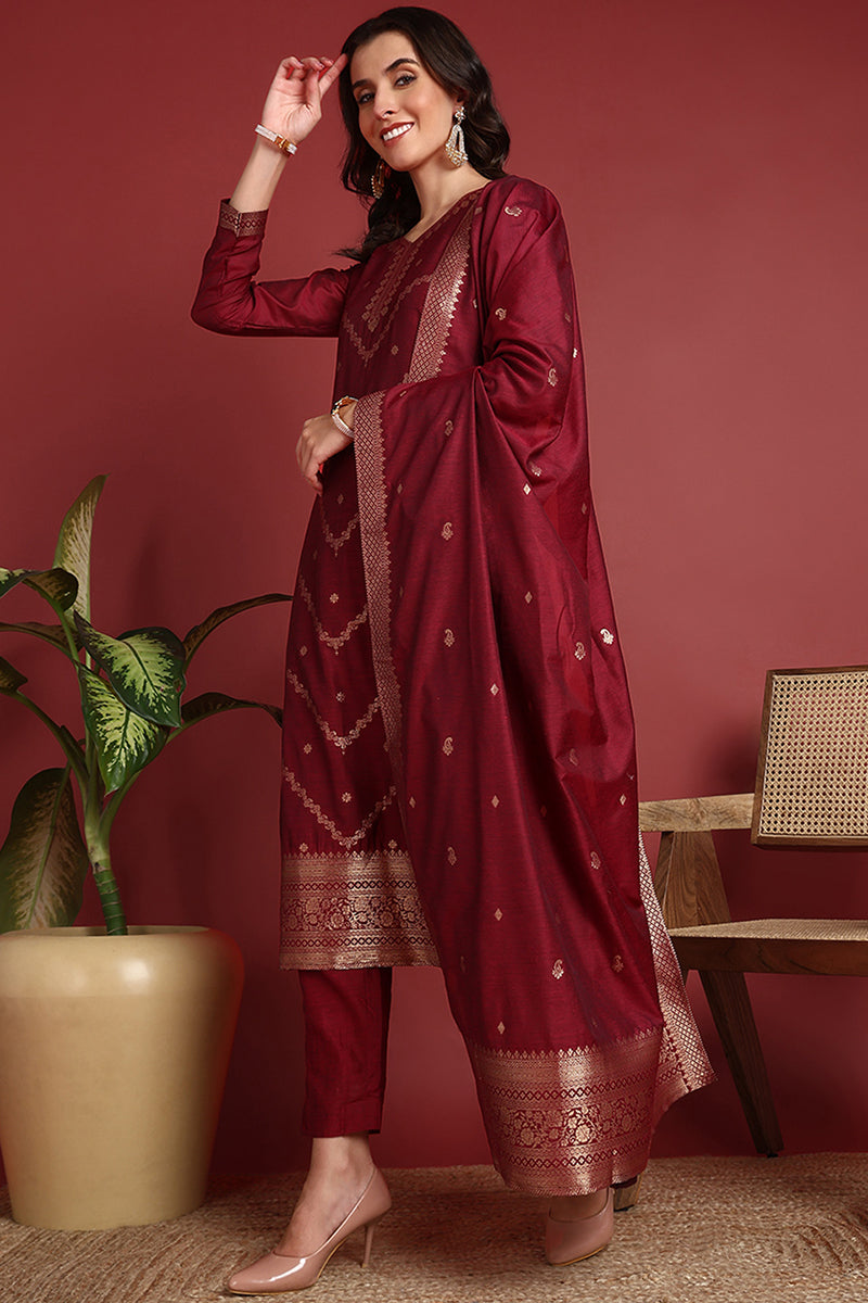 Maroon Silk Blend Ethnic Motifs Woven Design Straight Suit Set | SHOBITAM