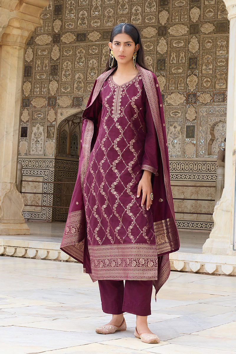 Burgundy Silk Blend Ethnic Motifs Woven Design Straight Suit Set | SHOBITAM