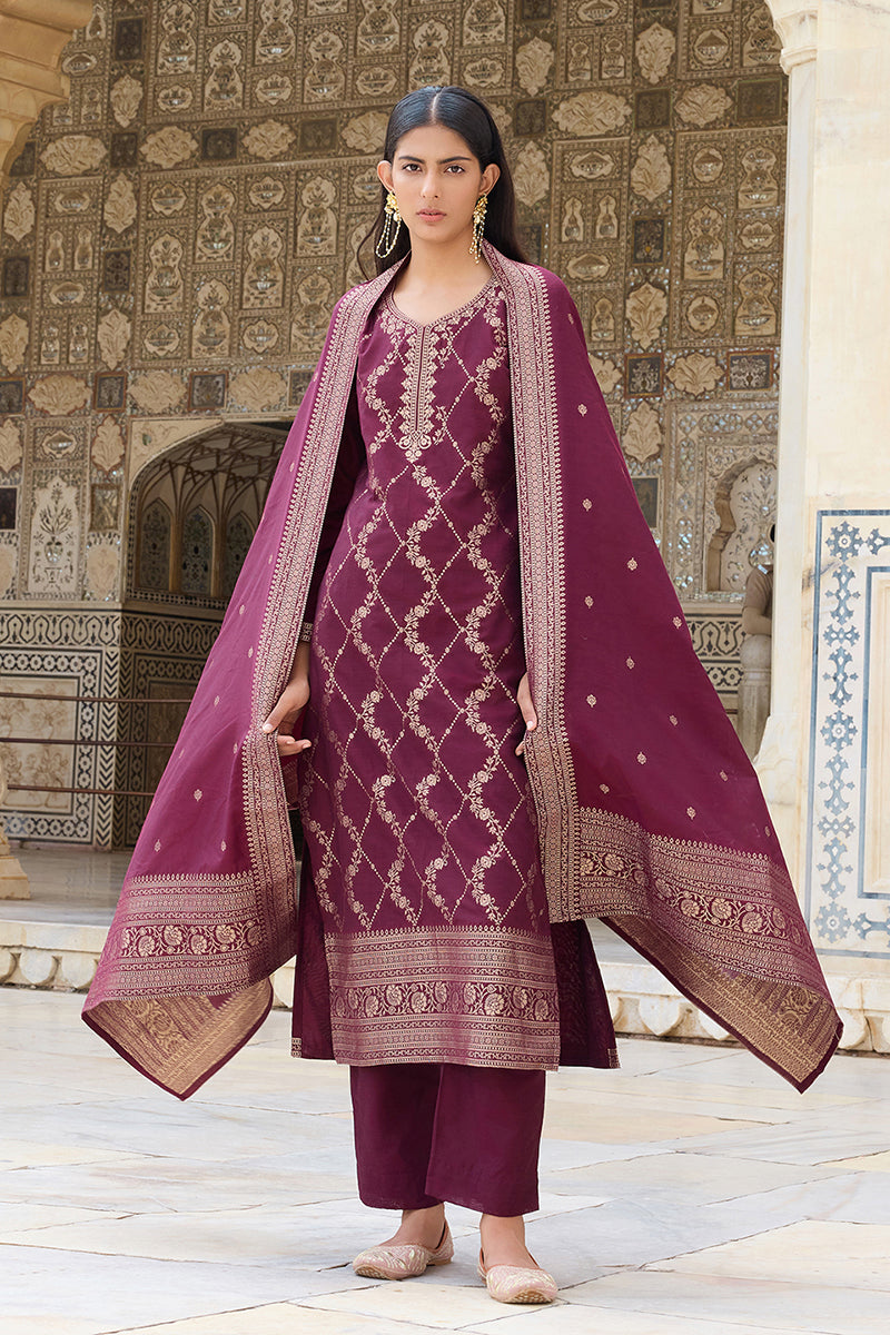 Burgundy Silk Blend Ethnic Motifs Woven Design Straight Suit Set | SHOBITAM