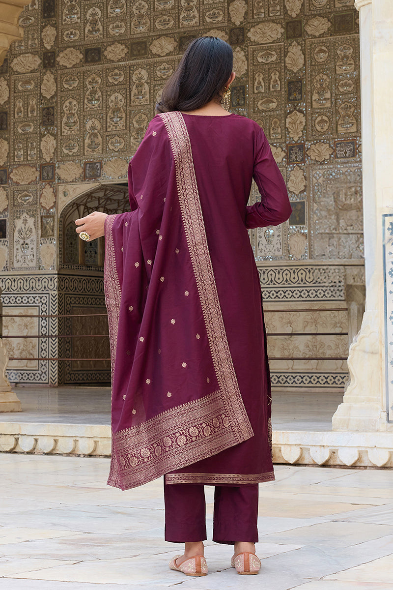 Burgundy Silk Blend Ethnic Motifs Woven Design Straight Suit Set | SHOBITAM