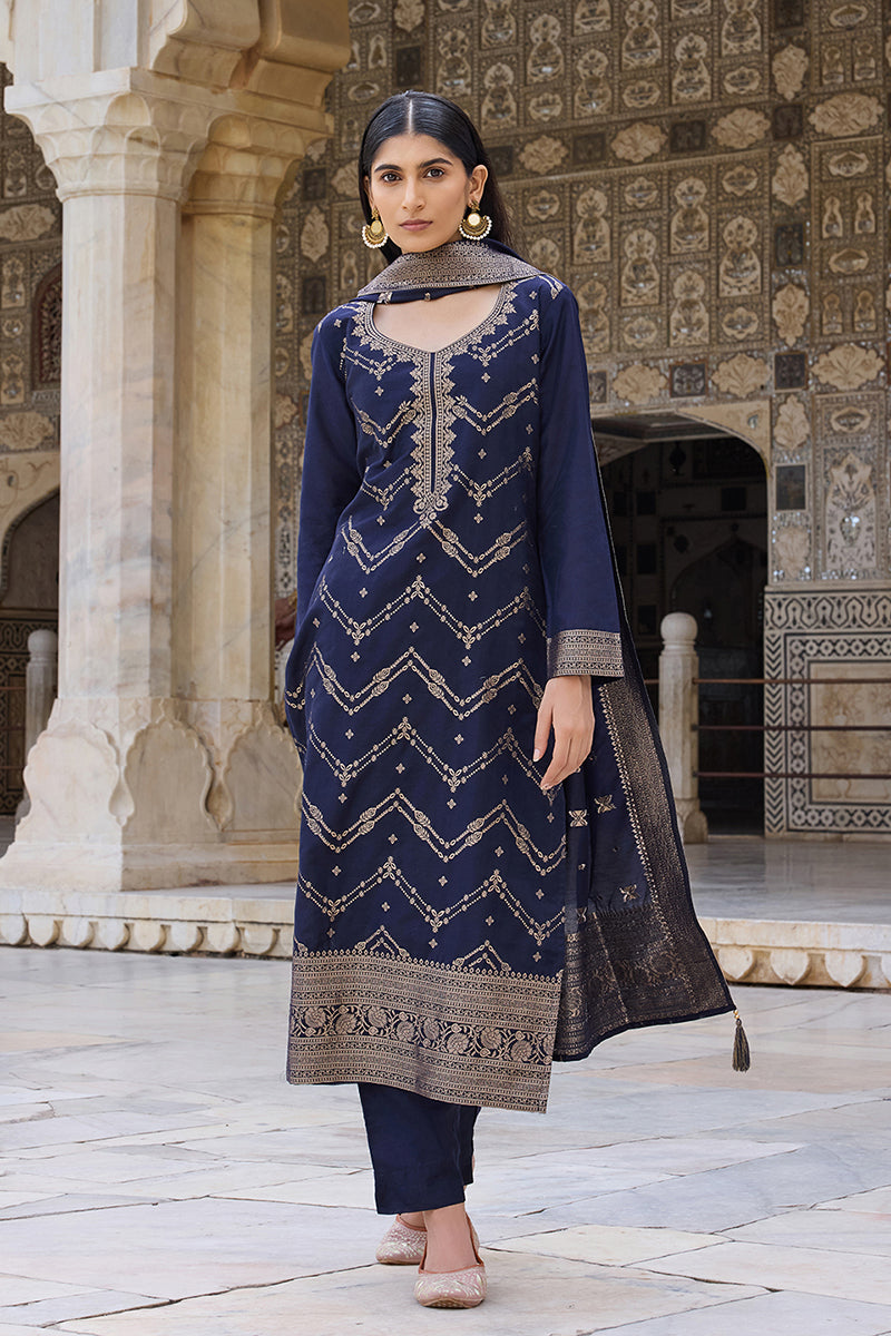 Navy Blue Silk Blend Ethnic Motifs Woven Design Straight Suit Set | SHOBITAM