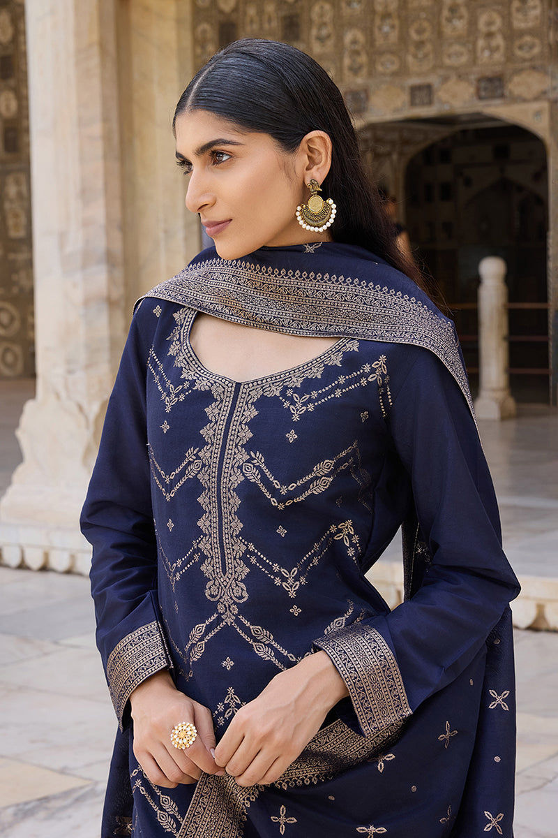 Navy Blue Silk Blend Ethnic Motifs Woven Design Straight Suit Set | SHOBITAM
