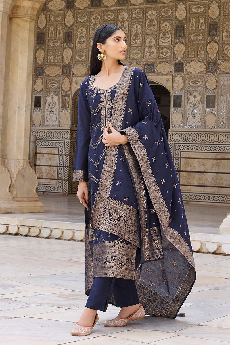 Navy Blue Silk Blend Ethnic Motifs Woven Design Straight Suit Set | SHOBITAM