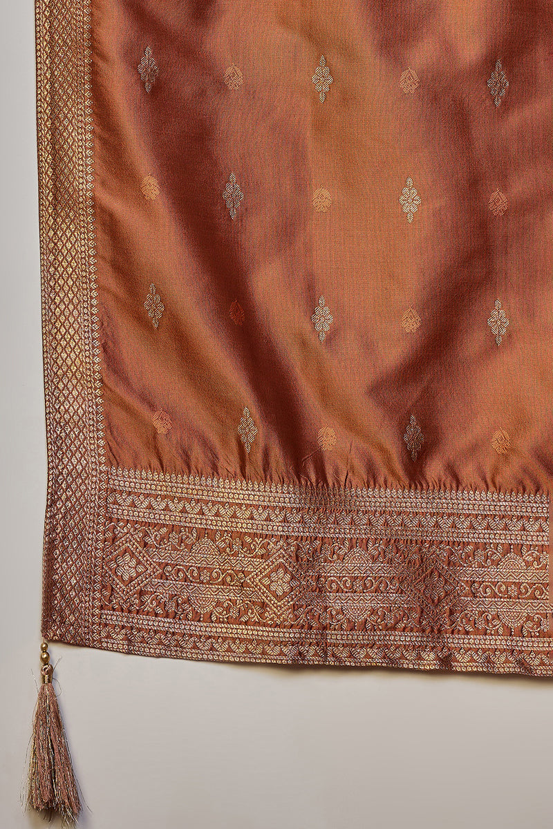 Brown Silk Blend Ethnic Motifs Woven Design Straight Suit Set | SHOBITAM