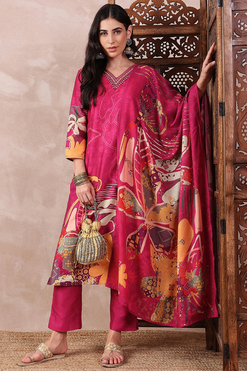 Pink Rayon Blend Floral Printed Straight Trouser Bottom Suit Set | SHOBITAM