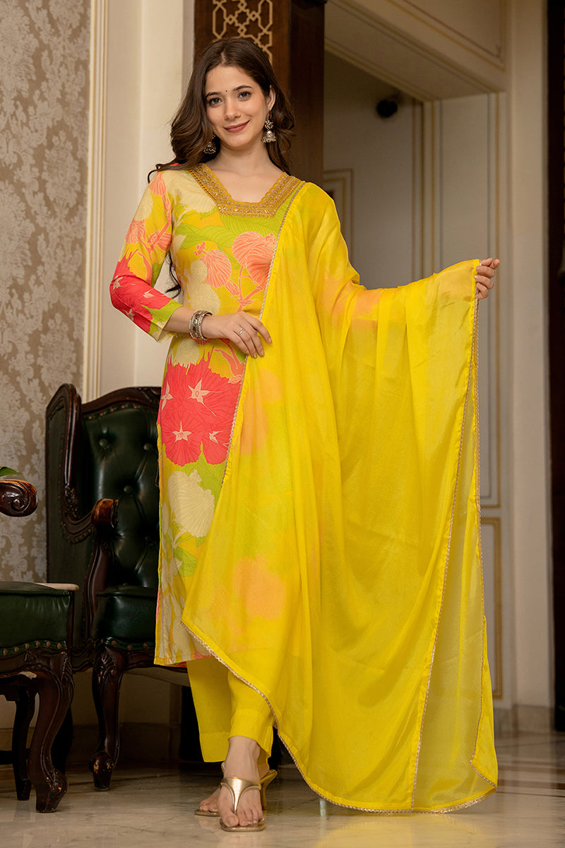 Yellow Rayon Blend Floral Printed Straight Trouser Bottom Suit Set | SHOBITAM
