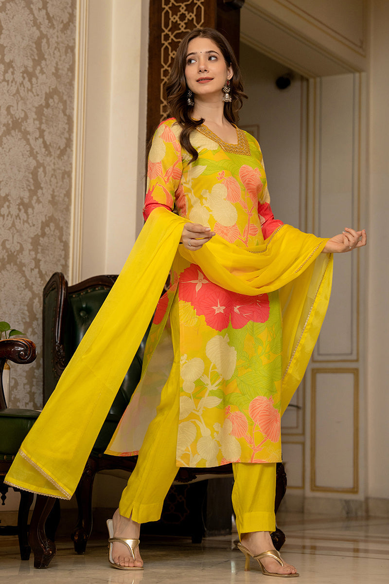 Yellow Rayon Blend Floral Printed Straight Trouser Bottom Suit Set | SHOBITAM